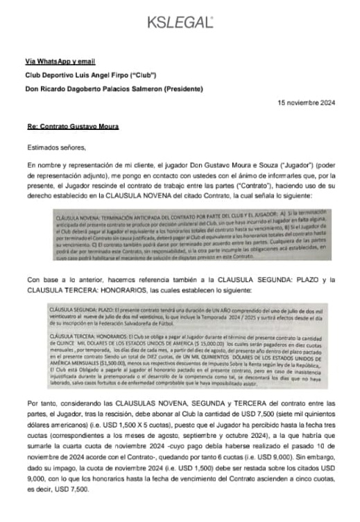 Por incumplimiento de pago de honorarios, Gustavo Moura se iría de Firpo