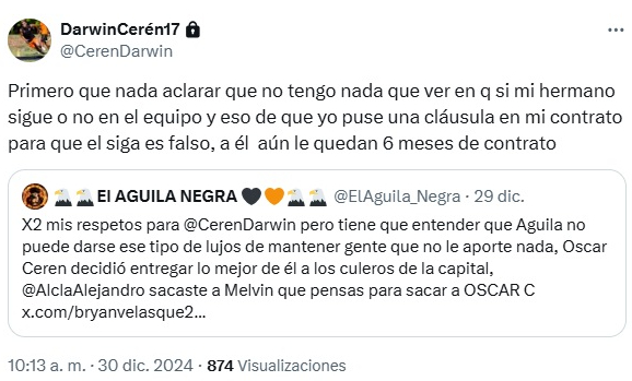 Darwin Cerén aclaró la situación de su hermano con Águila