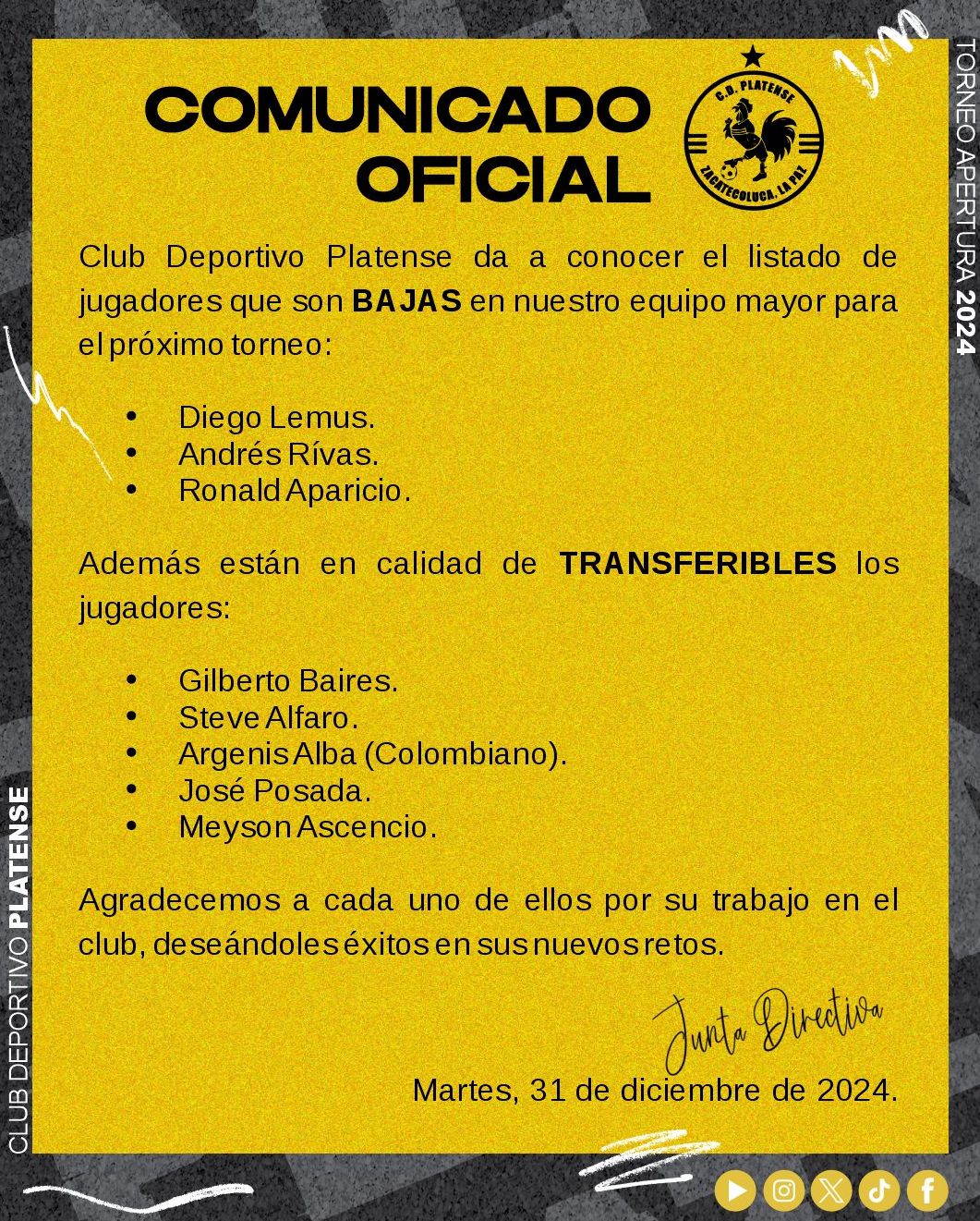 Los viroleños hicieron oficial la lista de bajas y transferibles