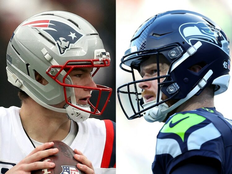 (COMBO) This combination of pictures created on February 7, 2026 shows Drake Maye (L) #10 of the New England Patriots at MetLife Stadium on December 28, 2025 in East Rutherford, New Jersey and Sam Darnold (R) #14 of the Seattle Seahawks at Lumen Field on January 25, 2026 in Seattle, Washington. The biggest event in American sports kicks off February 8 as the New England Patriots take on the Seattle Seahawks at a Super Bowl tinged by controversy over Bad Bunny's half-time show. It is, according to bookmakers, the unlikeliest Super Bowl match-up of modern times. Both teams began the season with odds of 60-1 or worse to go all the way. (Photo by Evan Bernstein and Steph Chambers / GETTY IMAGES NORTH AMERICA / AFP)
