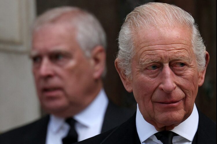 (FILES) Britain's then-Prince Andrew, Duke of York (L) and Britain's King Charles III leave following a Catholic funeral service for the late Katharine, Duchess of Kent, at Westminster Cathedral in London on September 16, 2025. King Charles III has been left wrestling with a new test after the arrest of his brother Andrew, the latest in a series of painful personal shocks to mar his reign. (Photo by Adrian Dennis / AFP) / TO GO WITH BRITAIN-ROYALS-EPSTEIN-ANDREW-KING,FOCUS BY CAROLINE TAIX