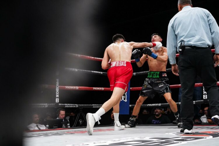 El púgil estadounidense-Salvadoreño Sammy Contreras, noqueó a César Cantú, de Estados Unidos, en peso ligero. Fotos/ Cortesía
